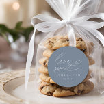 Modern Script Love Is Sweet Wedding Classic Round Sticker<br><div class="desc">simple modern minimalist script "love is sweet" wedding dusty blue colour favour sticker.</div>