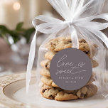Modern Script Love Is Sweet Wedding Classic Round Sticker<br><div class="desc">simple modern minimalist script "love is sweet" wedding dusty purple colour favour sticker.</div>