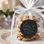 Modern Script Love Is Sweet Wedding Classic Round Sticker<br><div class="desc">simple modern minimalist script "love is sweet" wedding black favour sticker.</div>