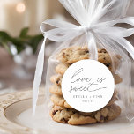 Modern Script Love Is Sweet Wedding Classic Round Sticker<br><div class="desc">simple modern minimalist script "love is sweet" wedding favour sticker.</div>