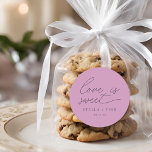 Modern Script Love Is Sweet Wedding Classic Round Sticker<br><div class="desc">simple modern minimalist script "love is sweet" wedding dusty pink favour sticker.</div>