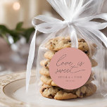 Modern Script Love Is Sweet Wedding Classic Round Sticker<br><div class="desc">simple modern minimalist script "love is sweet" wedding dusty blush pink favour sticker.</div>