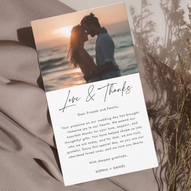 Modern Script Love & Thanks Beach Photo Wedding Place Card (Creator Uploaded)