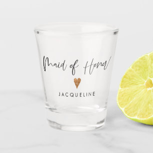 Modern Script Maid of Honour Rose Gold Heart w Nam Shot Glass