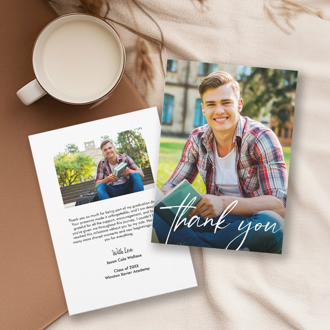 Modern Script Male Graduate Photo Graduation Thank You Card (Modern Script Male College graduation thank you card.)