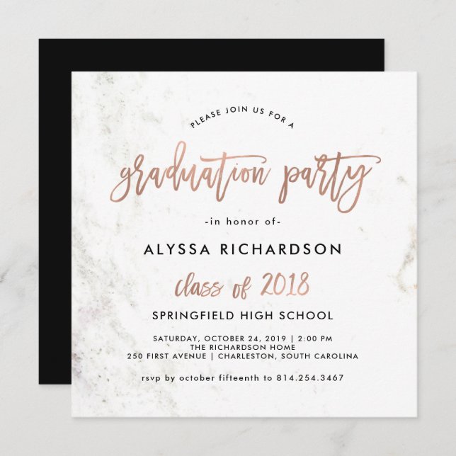 Modern Script | Marble Graduation Party Rose Gold Invitation (Front/Back)