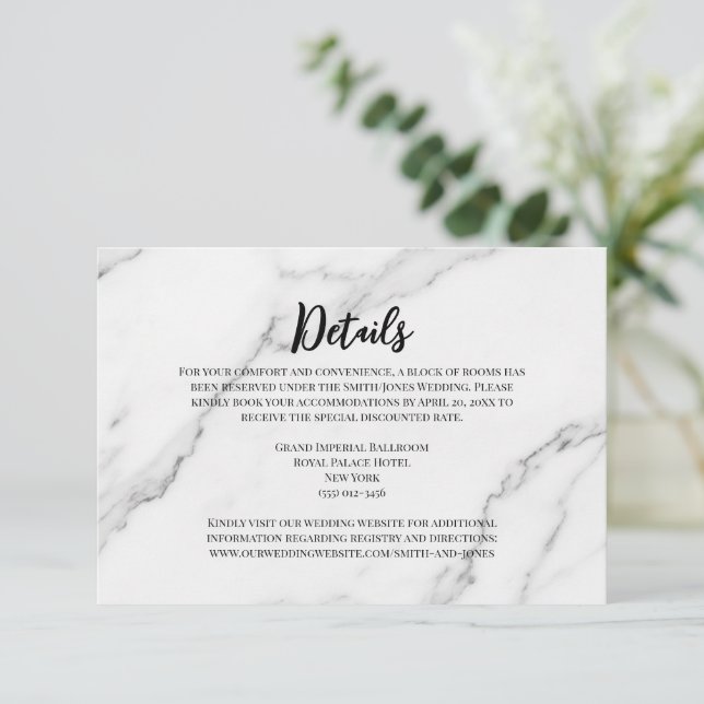 Modern Script Marble Wedding Information Card (Standing Front)