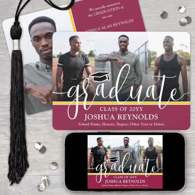 Modern Script Maroon and Gold 4 Photo Graduation Announcement (Creator Uploaded)
