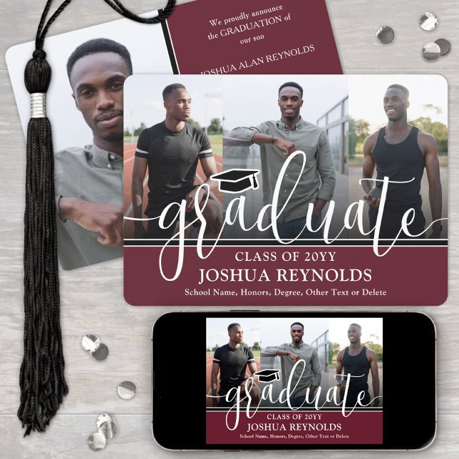 Modern Script Maroon and White 4 Photo Graduation Announcement (Creator Uploaded)
