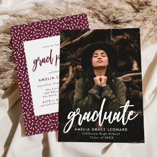 Modern Script Maroon Photo Graduation Party Invitation