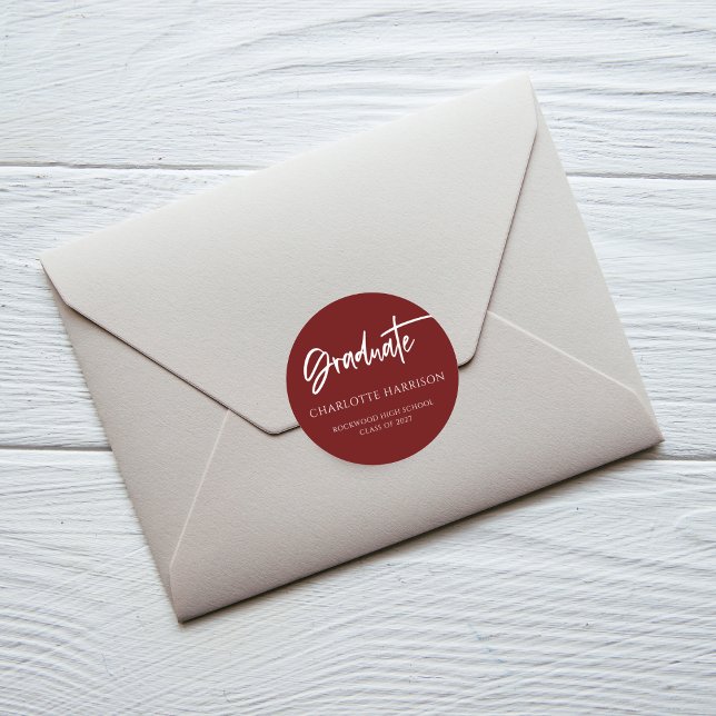 Modern Script Maroon White Graduation Classic Round Sticker (Creator Uploaded)