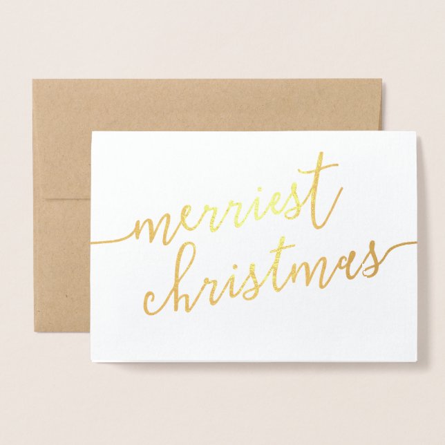 Modern Script "Merriest Christmas" Holiday Photo  Foil Card (Front With Envelope)