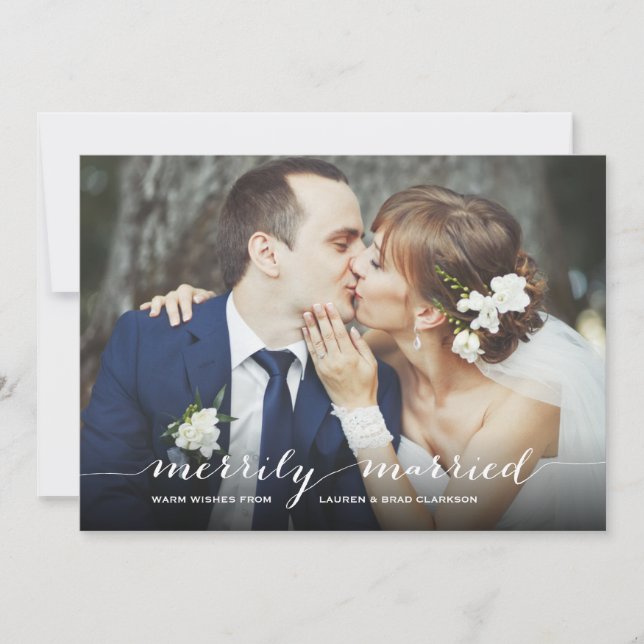 Modern Script Merrily Married Holiday Photo Card (Front)