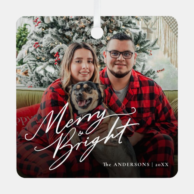 Modern Script Merry and Bright Christmas Photo Metal Tree Decoration (Front)