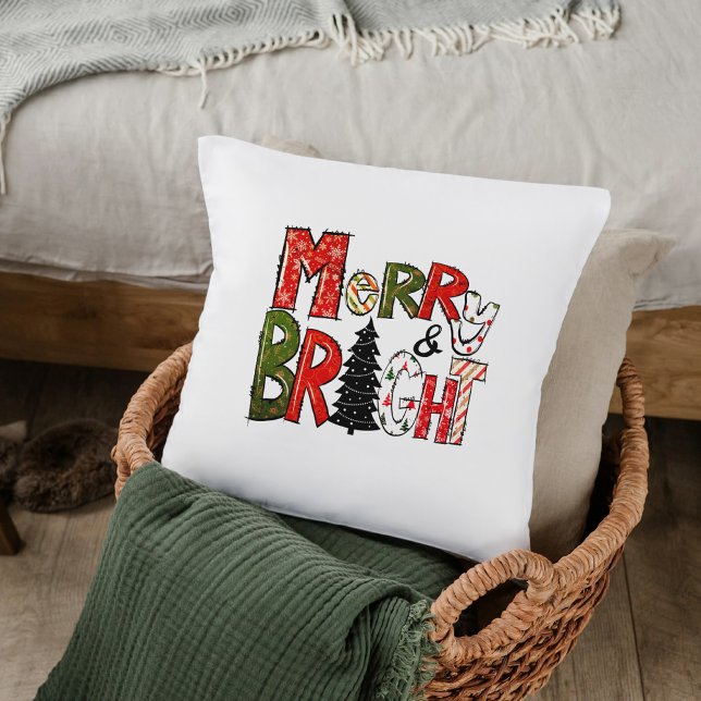 Modern Script Merry And Bright Colourful Christmas Cushion (Creator Uploaded)