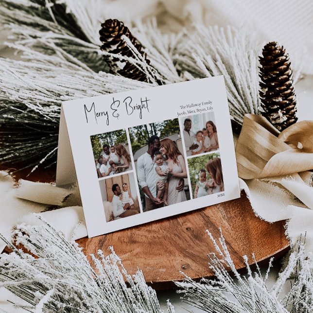 Modern Script Merry & Bright Folded Five-Photo Holiday Card (Creator Uploaded)