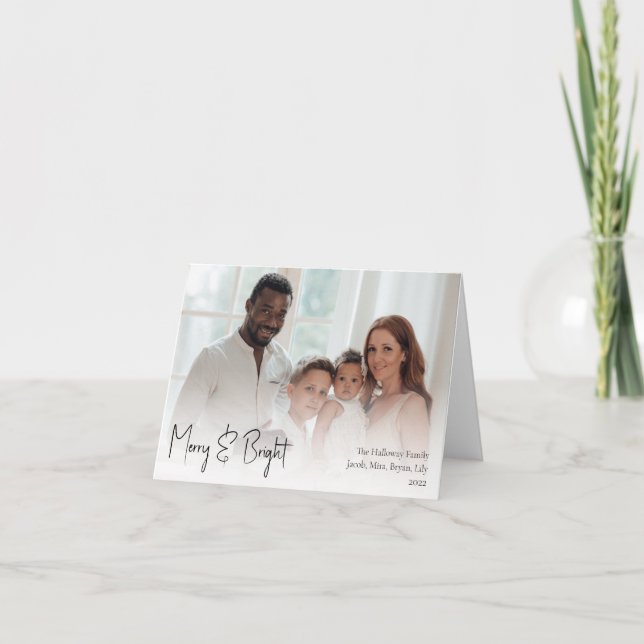 Modern Script Merry & Bright Folded Full Photo Holiday Card (Front)
