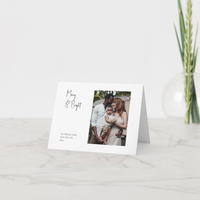 Modern Script Merry & Bright Folded Single Photo Holiday Card (Front)