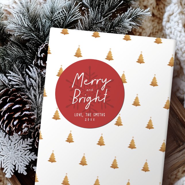 Modern Script Merry & Bright Snowflakes Christmas Classic Round Sticker (Modern Script Merry & Bright Snowflakes Christmas Classic Round Sticker)