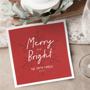 Modern Script Merry & Bright Snowflakes Christmas Napkin
