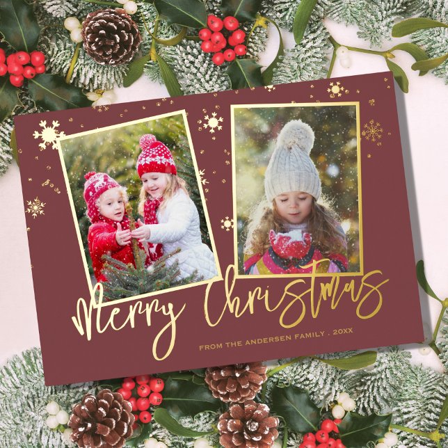 Modern Script Merry Christmas 2 Photo Foil Holiday Card (Creator Uploaded)