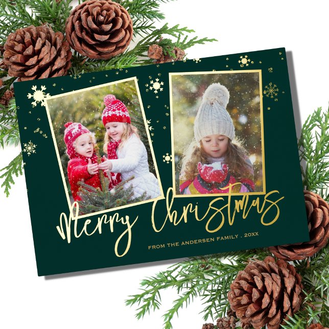 Modern Script Merry Christmas 2 Photo Foil Holiday Card (Creator Uploaded)