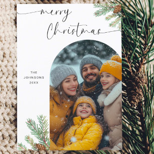 Modern Script Merry Christmas Arch Frame Photo Holiday Postcard