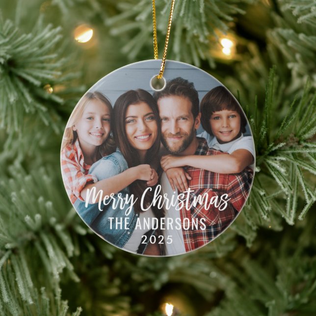 Modern Script Merry Christmas Family Photo Ceramic Ornament (Tree)