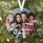 Modern Script Merry Christmas Family Photo Ornament<br><div class="desc">Stylish photo ornament design for the holidays features your favorite family image with Merry Christmas text in modern brushed script lettering. Personalize the custom text with your last name or family name and the year. A simple pattern of white winter snowflakes dresses up the back of the ornament. The slate...</div>