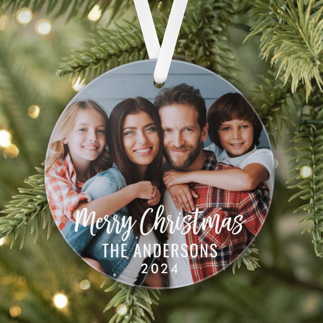 Modern Script Merry Christmas Family Photo Ornament (Creator Uploaded)