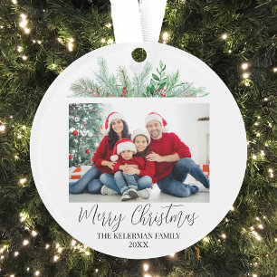 Modern Script Merry Christmas Family Photo Ornament