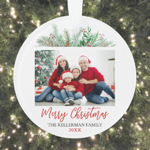 Modern Script Merry Christmas Family Photo Ornament