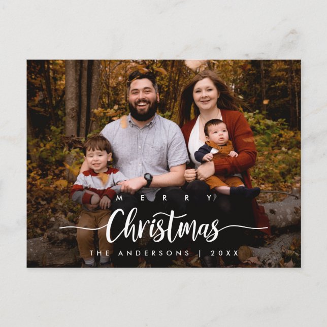 Modern Script, Merry Christmas Family Photo Postcard (Front)