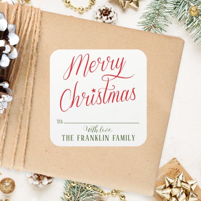 Modern Script Merry Christmas Festive Gift Square Sticker (Creator Uploaded)