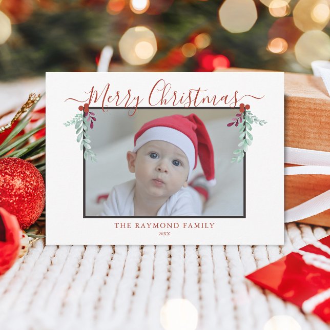 Modern Script Merry Christmas Floral Frame Photo Holiday Card (Modern Script Merry Christmas Floral Frame Photo Holiday Card)