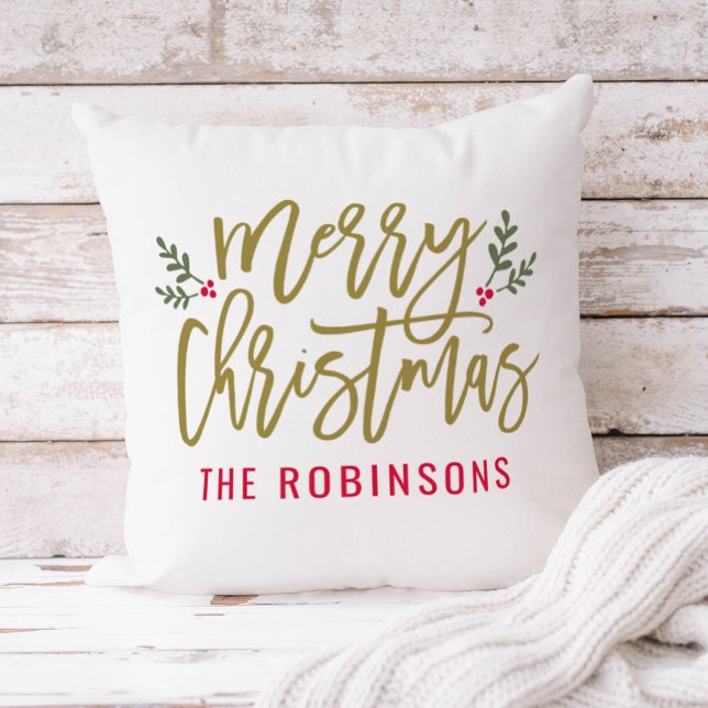 Modern Script Merry Christmas Gold Monogram Cushion (Creator Uploaded)