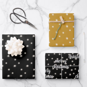 Modern Script MERRY CHRISTMAS Lights Black Gold Wrapping Paper Sheet