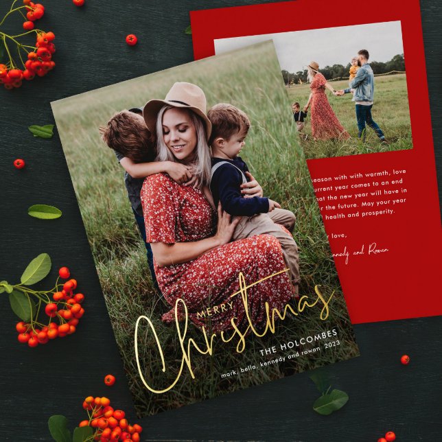 Modern Script Merry Christmas Photo  Foil Holiday Card (Simple modern photo christmas card with gold foil script greeting overlay and red backer.)
