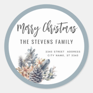 Modern script Merry Christmas pine cone floral Classic Round Sticker