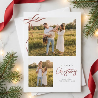 Modern Script Merry Christmas Red Bow 2 Photo Holiday Card