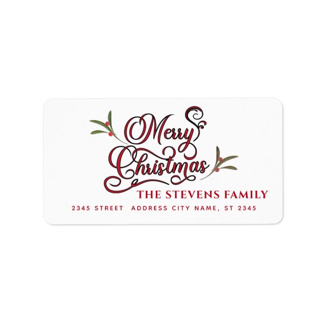 Modern script Merry Christmas red  holly  Label (Front)