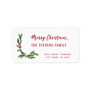 Modern script Merry Christmas red holly Label