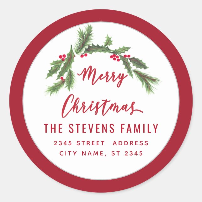 Modern script Merry Christmas red holly  Label (Front)