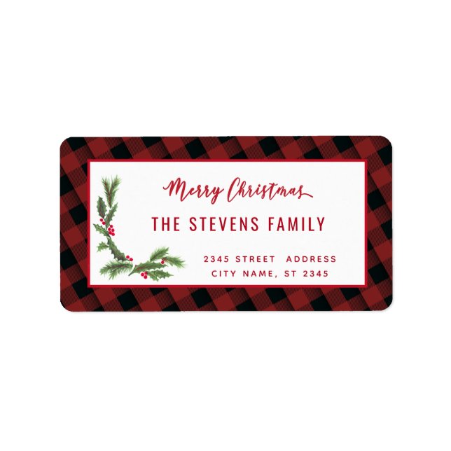 Modern script Merry Christmas red plaid holly Labe Label (Front)