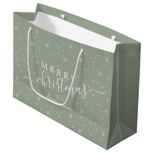Modern Script Merry Christmas Snow Sage Green Name Large Gift Bag