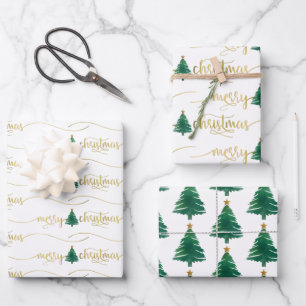 Modern Script Merry Christmas Tree Gold Green Wrapping Paper Sheet