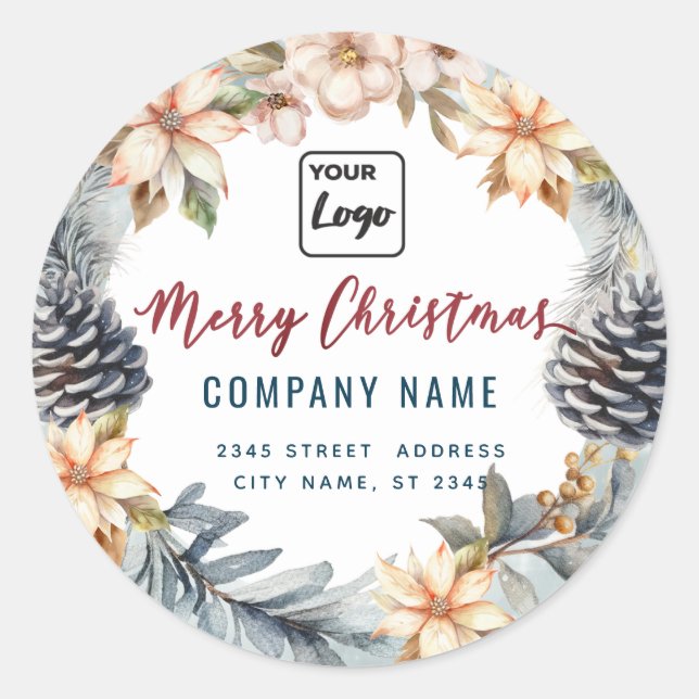 Modern script Merry Christmas wreath logo  Classic Round Sticker (Front)