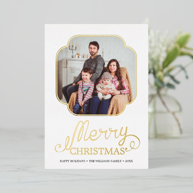 Modern Script Merry Christmas Year in Review Photo Foil Holiday Card (Standing Front)