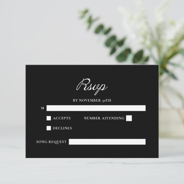 Modern Script Minimal Calligraphy Black Wedding RSVP Card (Standing Front)
