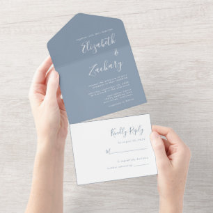 Modern Script Minimal Dusty Blue Wedding All In One Invitation